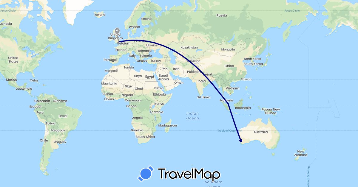 TravelMap itinerary: driving, plane in Australia, United Kingdom, Singapore (Asia, Europe, Oceania)